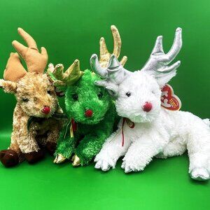 Lot 3 Ty Beanie Baby Reindeer Sleighbelle Set Retired Christmas Beanbag Plush